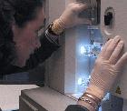 NHGRI researcher Elizabeth Gillanders, Ph.D., monitoring a DNA sequencing machine