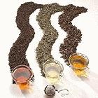 Varieties of tea, including black (left) and green (centre)