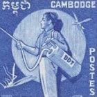 Cambodian postage stamp from 1968 showing DDT being sprayed to kill mosquitoes