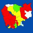 Map of Cambodia showing HIV prevalence among sex workers in 2000. Red areas represents 25 to 50 per cent prevalence, and yellow 15 to 25 per cent.
