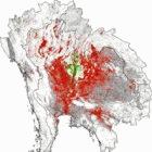 Map of Thailand showing computer simulation of bird flu outbreak (red) and areas where the outbreak has ended (green)