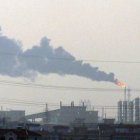 factory, horizon, smoke plume, chimney stacks