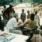 Collecting blood samples at an Ebola clinic, Central African Republic