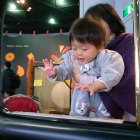 Baby being held up to see a musuem exhibit 