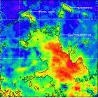 Satellite data reveals increased temperatures in deforested areas, shown here as red patches