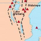 Map of East Africa showing active volcanoes (triangles) and the African Rift Zone (dashed lines) 