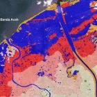 Satellite map of Banda Aceh, showing flooded land (blue) and devastated (red) and affected (pink) urban areas